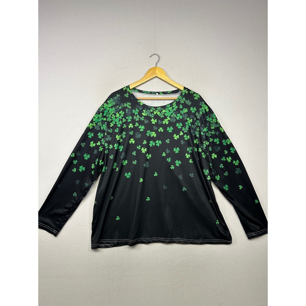 St Patricks Day Festive Women 4XL Black Green Shamrock Long Sleeve Top
